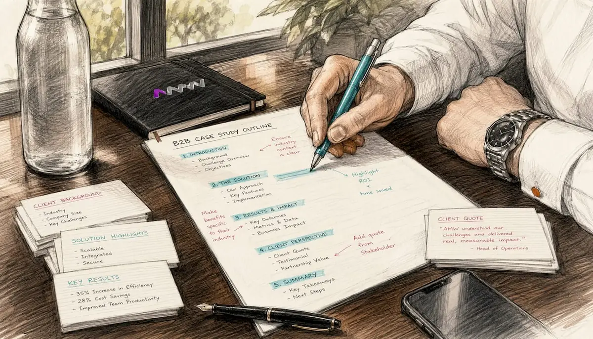 Hand annotating B2B case study outline
