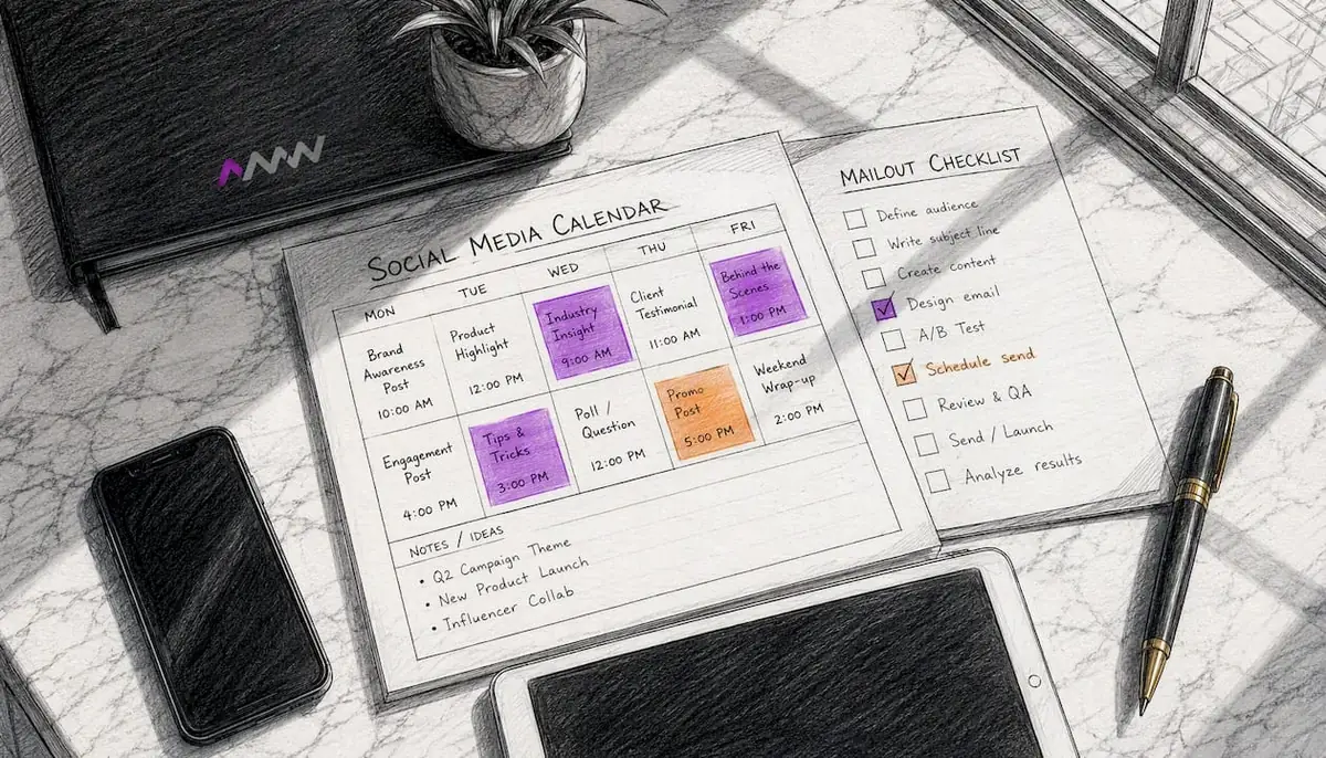 Desk with content distribution planning tools