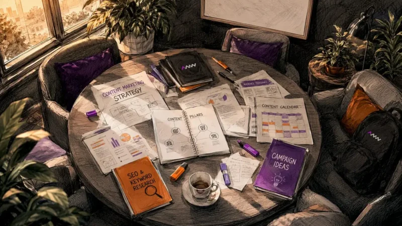 Content marketing strategy documents on meeting table