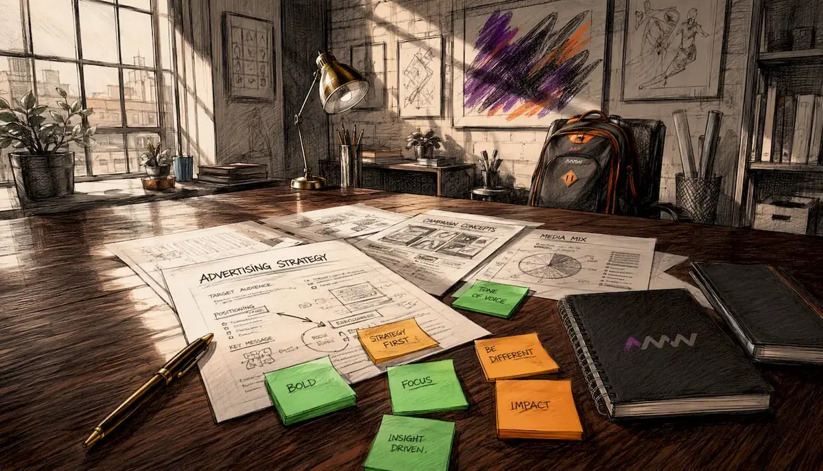 Hands organizing advertising strategy documents