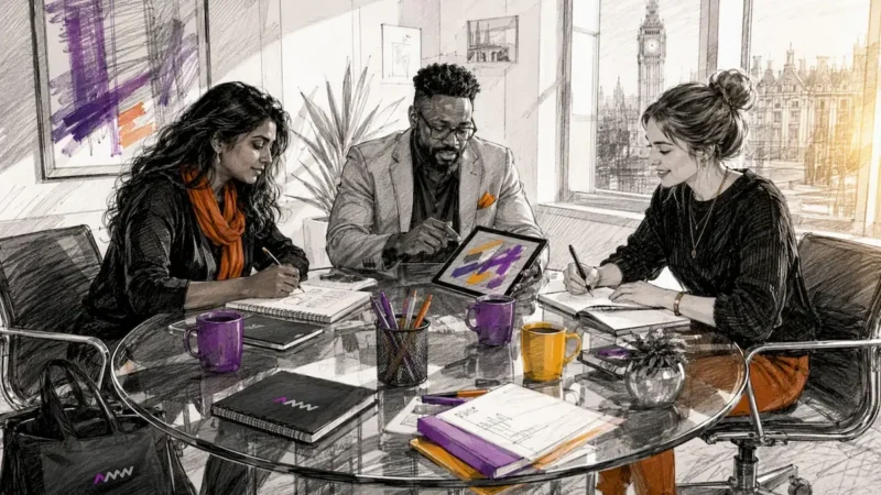 Team collaborating in London agency meeting room