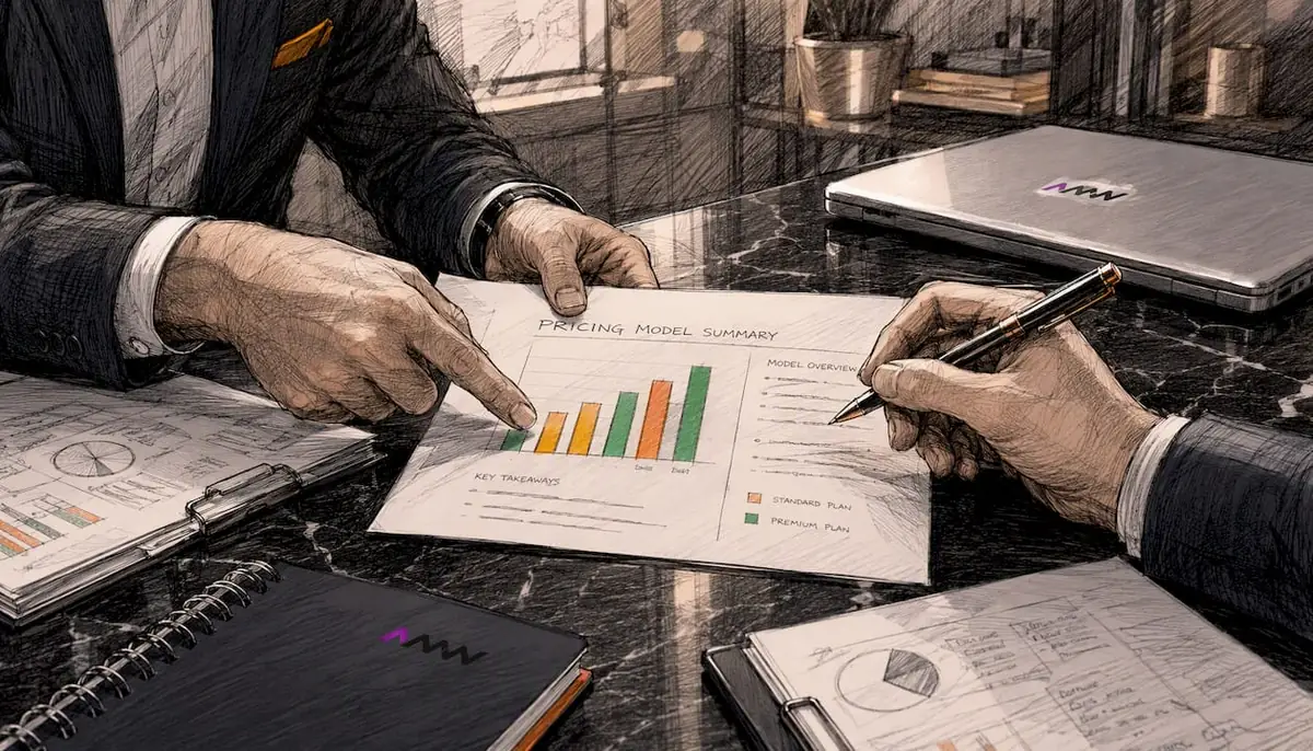Hands exchanging marketing pricing charts