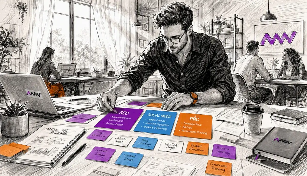 Over-shoulder view arranging marketing deliverables