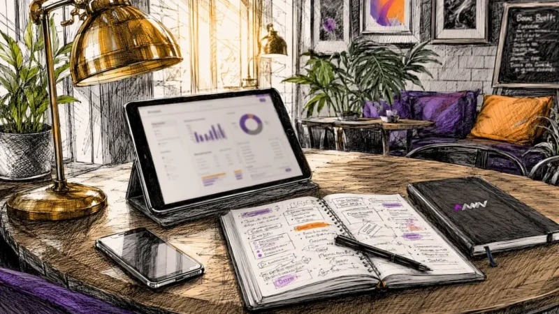 Workspace with digital marketing tools and notes