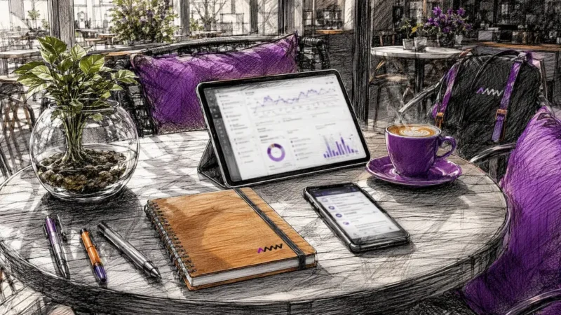 Close up of digital marketing workspace devices
