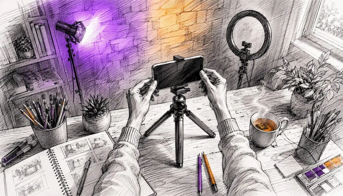 Hands setting up smartphone for filming short video