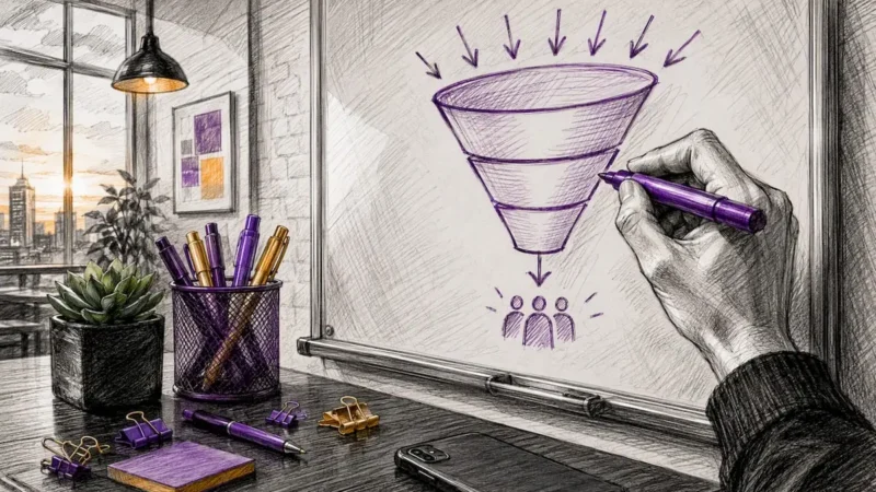 Hand sketching marketing funnel on glass board