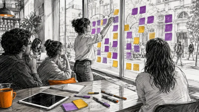 Hands arranging colorful sticky notes in journey mapping session