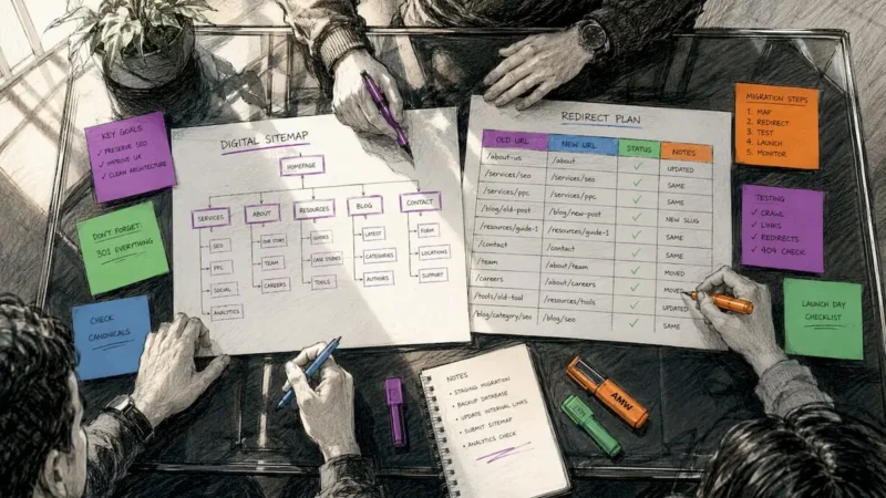Hands arranging sitemap and redirect map on desk