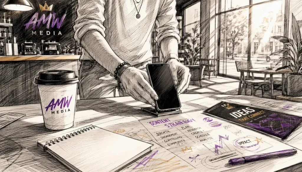 Hands adjusting smartphone on desk