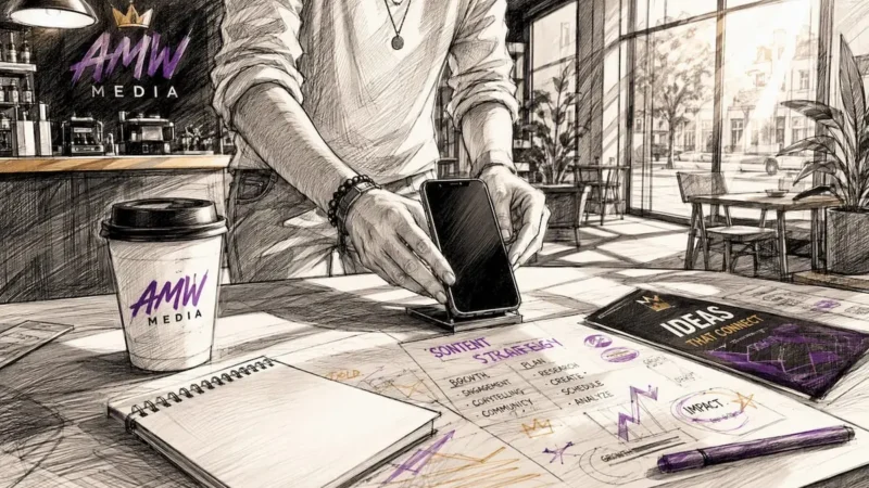 Hands adjusting smartphone on desk