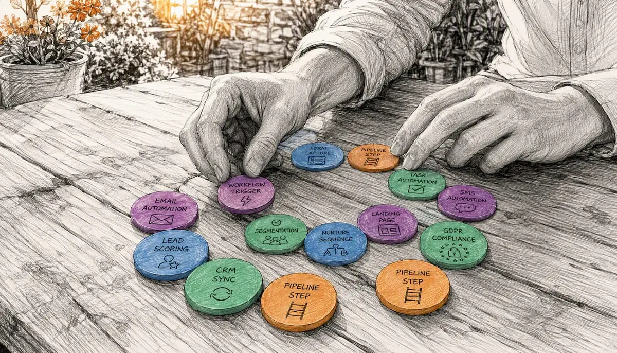 Hands arranging colored tokens for marketing automation