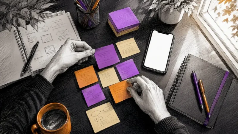 Hands arranging social media planning materials
