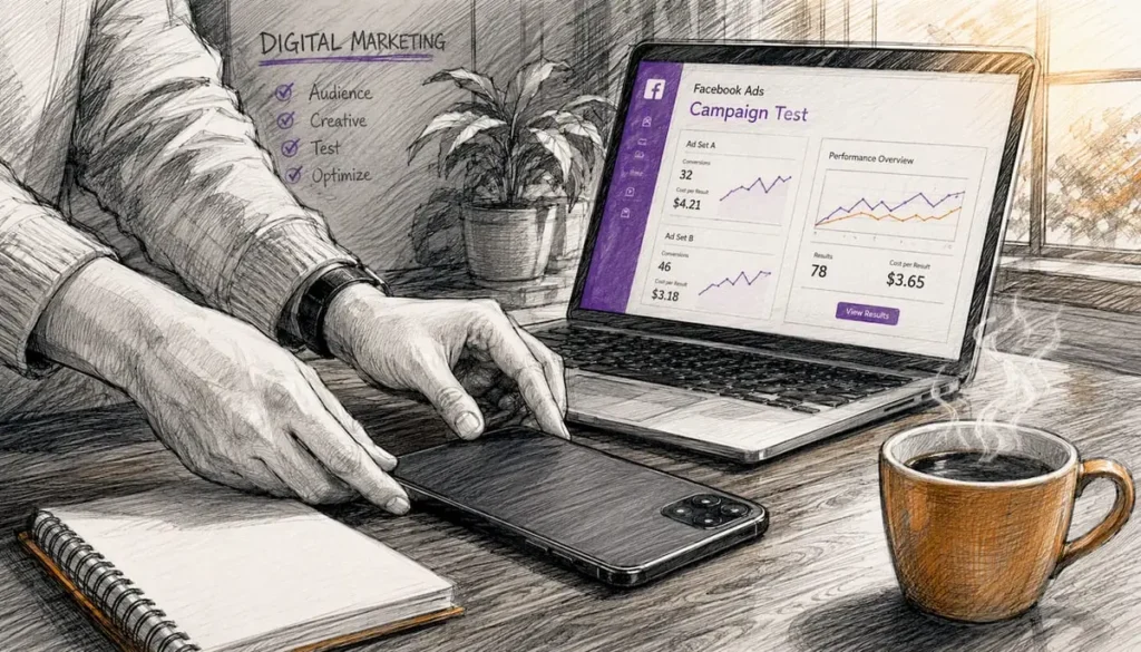 Hands setting digital ad campaign on smartphone