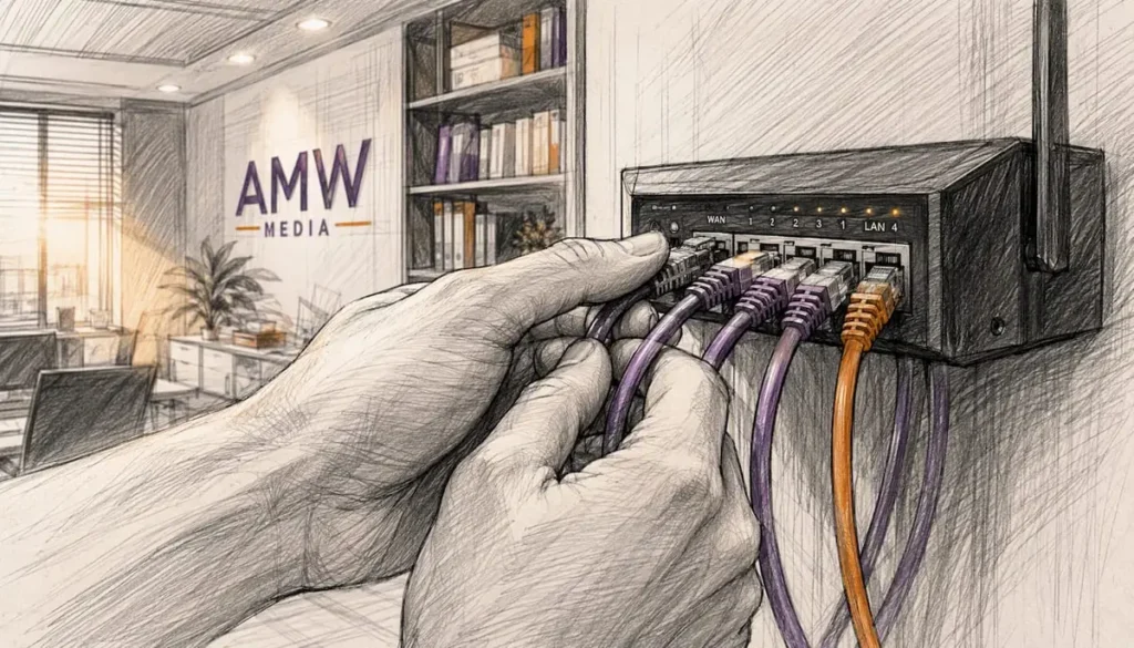 Hands connecting network cables in server room