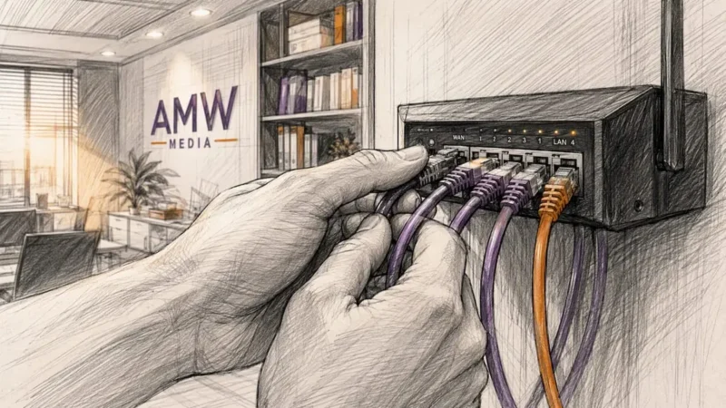 Hands connecting network cables in server room