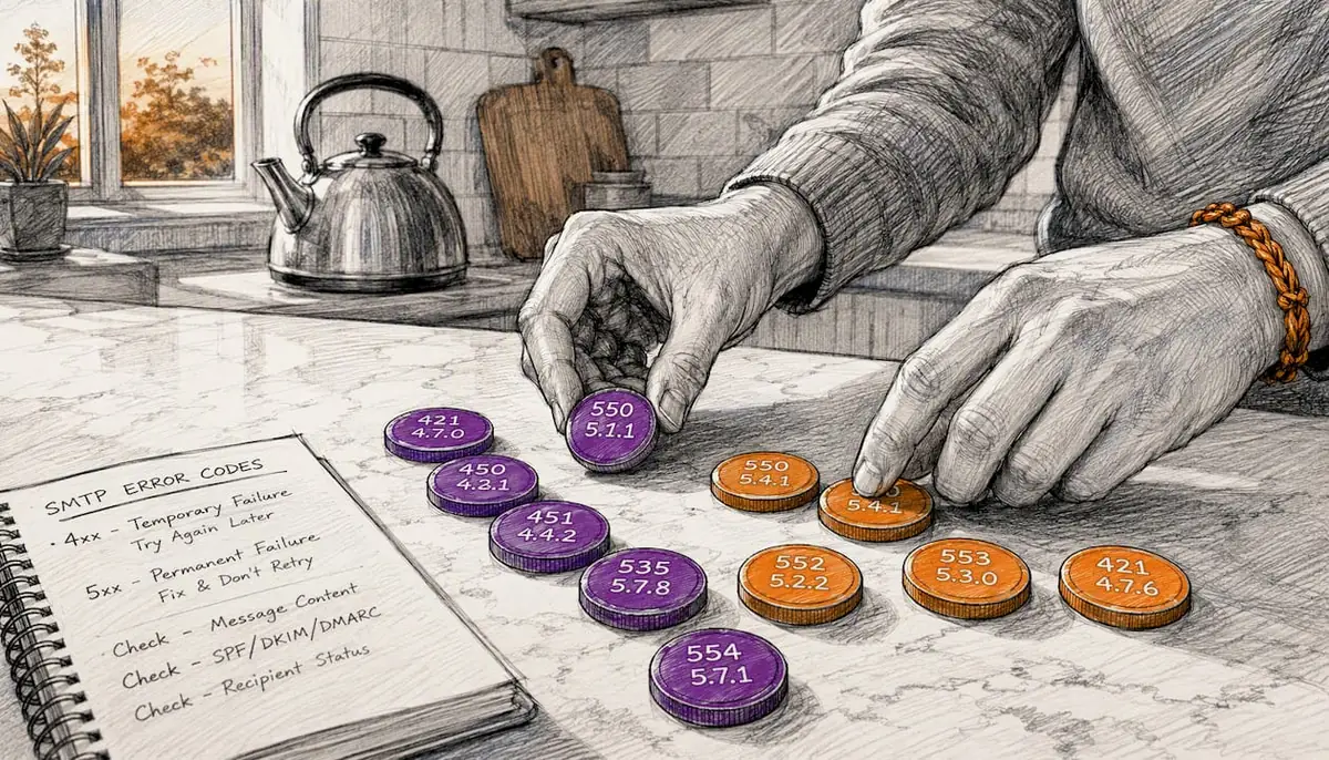 Hands sorting email error code tokens on desk
