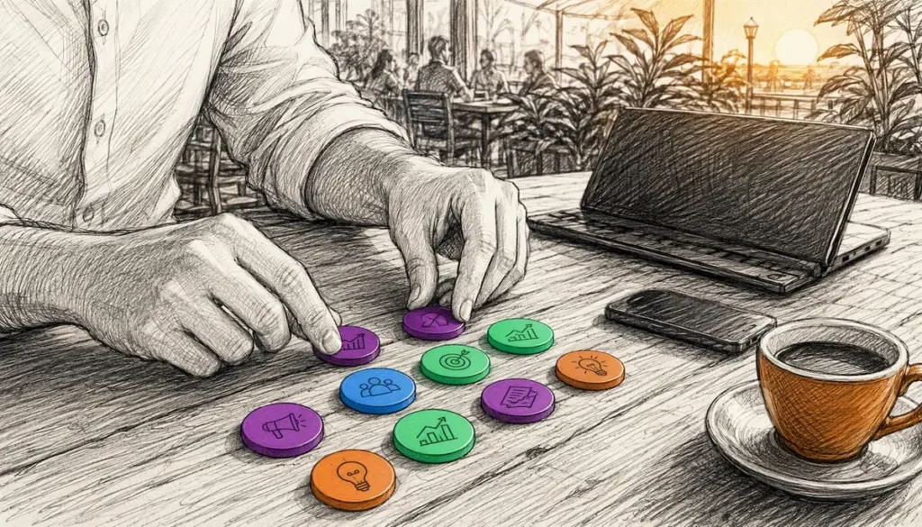 Hands arranging marketing tokens on desk