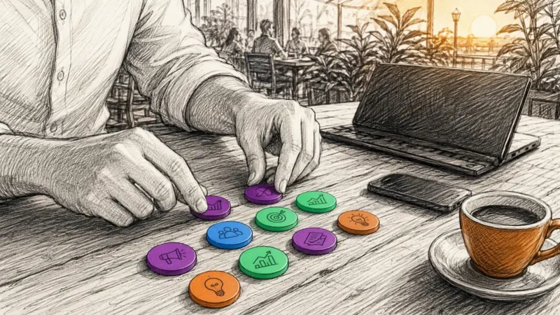 Hands arranging marketing tokens on desk