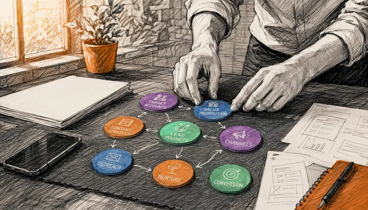 Hands arranging B2B marketing tools