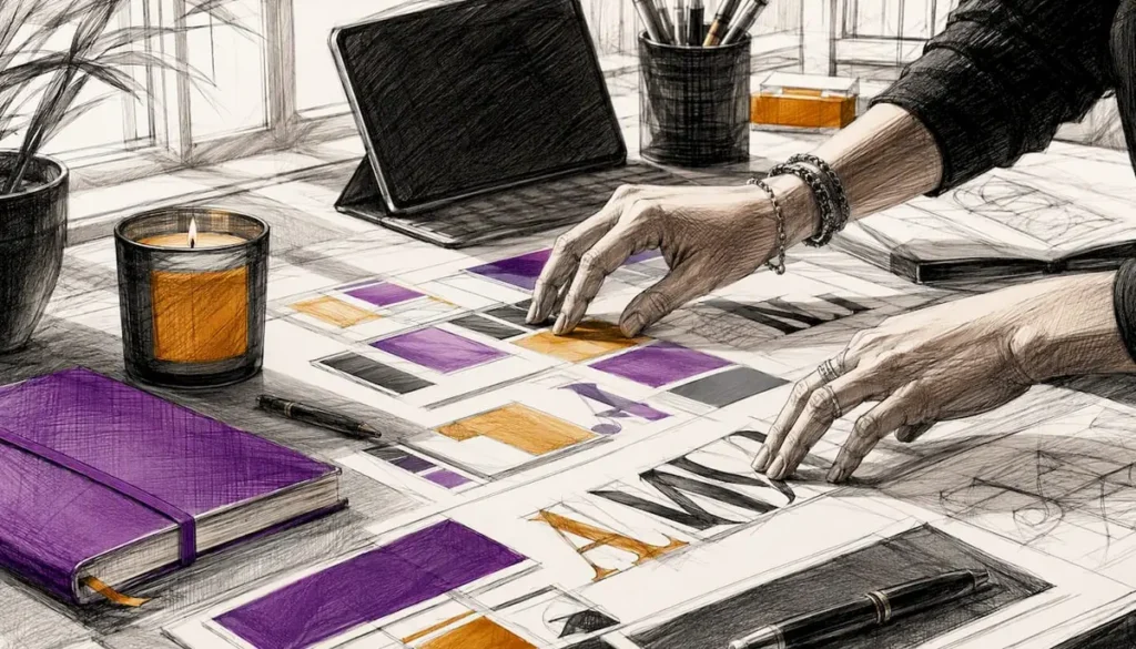Hands arranging branding elements on desk