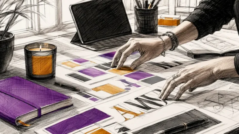 Hands arranging branding elements on desk