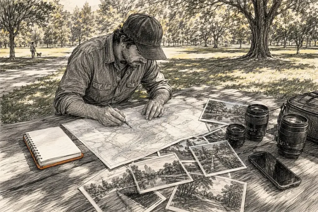 Hands pinning location scout maps on table