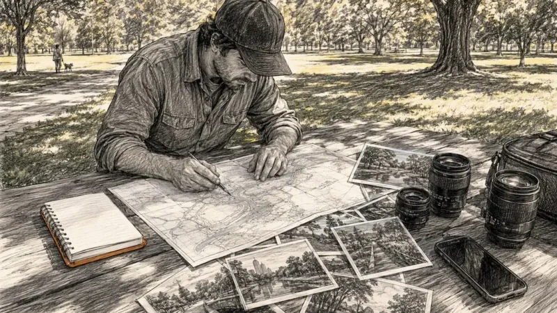 Hands pinning location scout maps on table
