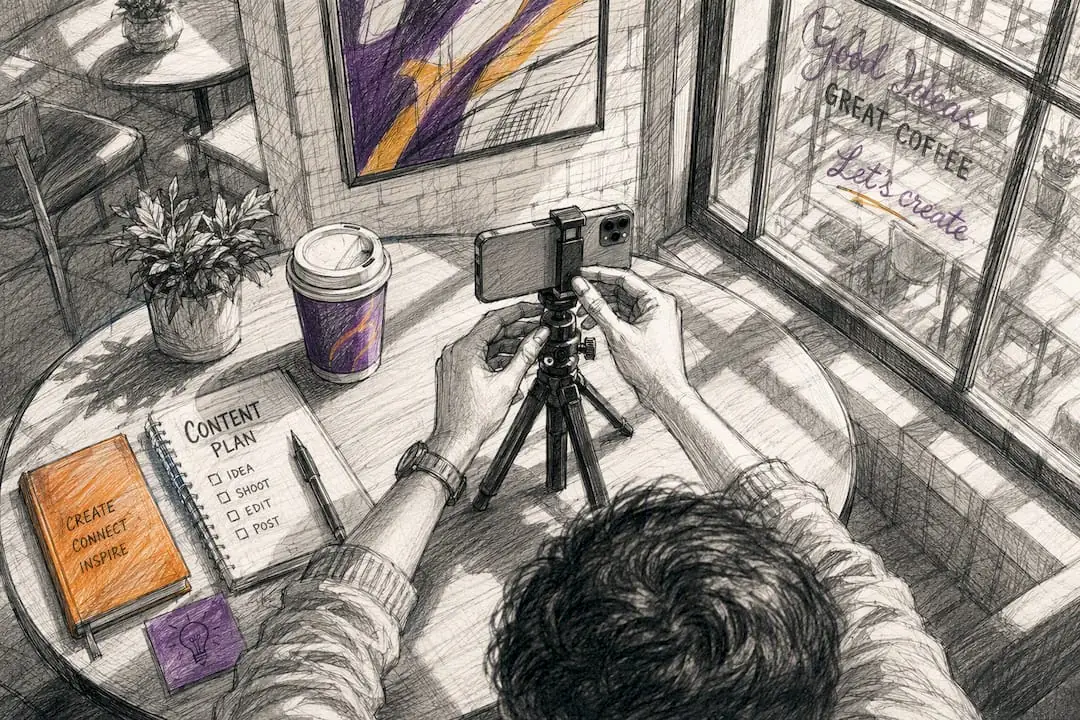 Hands adjusting smartphone tripod for video