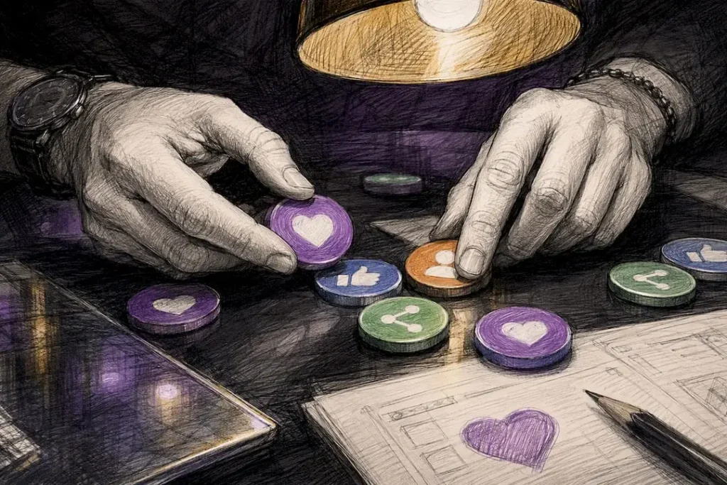 Hands arranging social media planning tokens