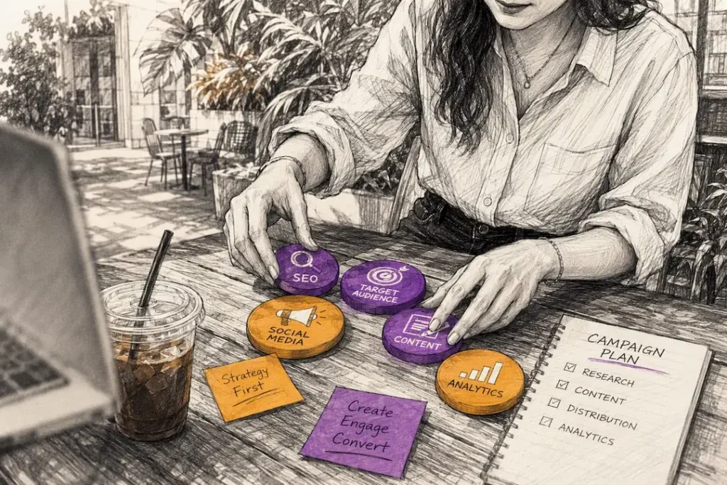 Marketer arranging marketing tools on table