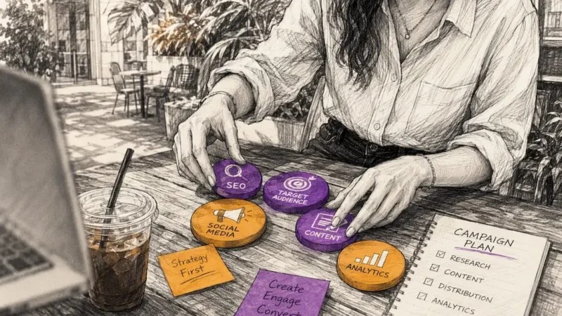 Marketer arranging marketing tools on table