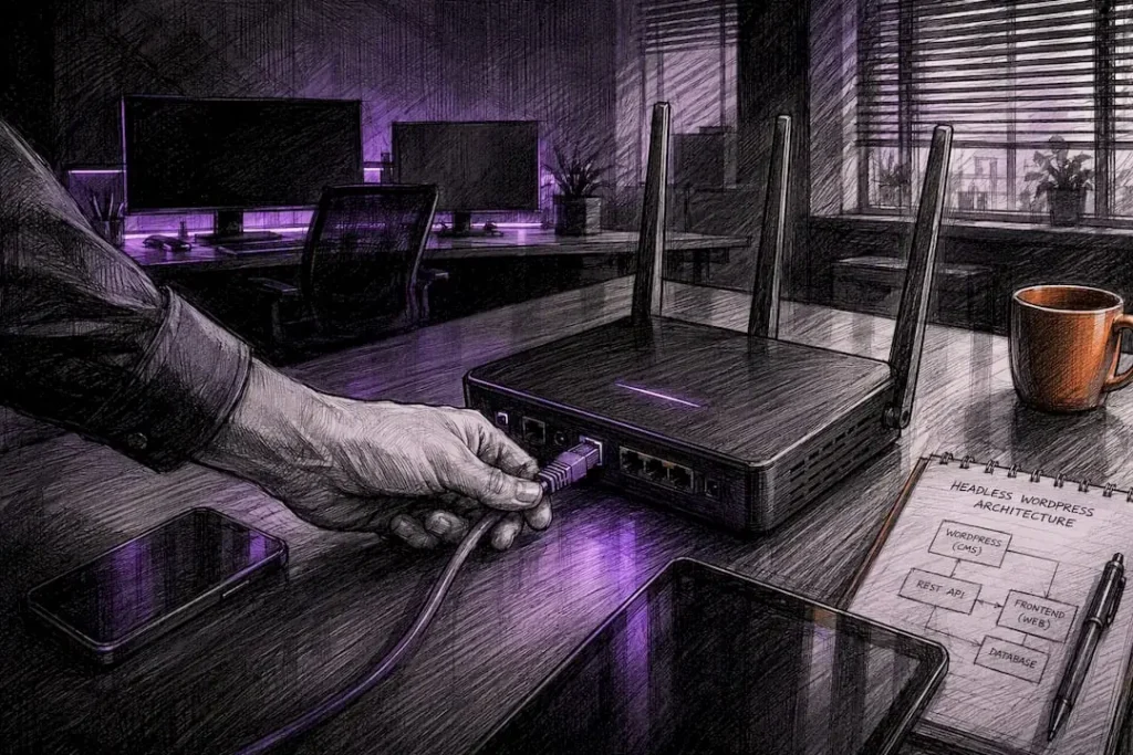 Hand connecting network cable in tech workspace