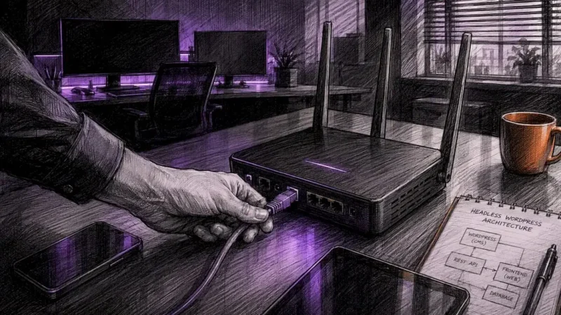 Hand connecting network cable in tech workspace