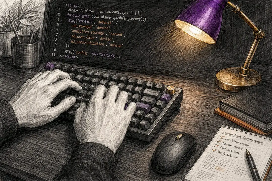 Hands typing code on keyboard for consent setup