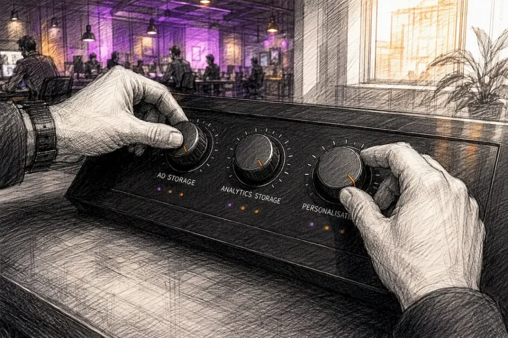 Hands adjusting control knobs on server console