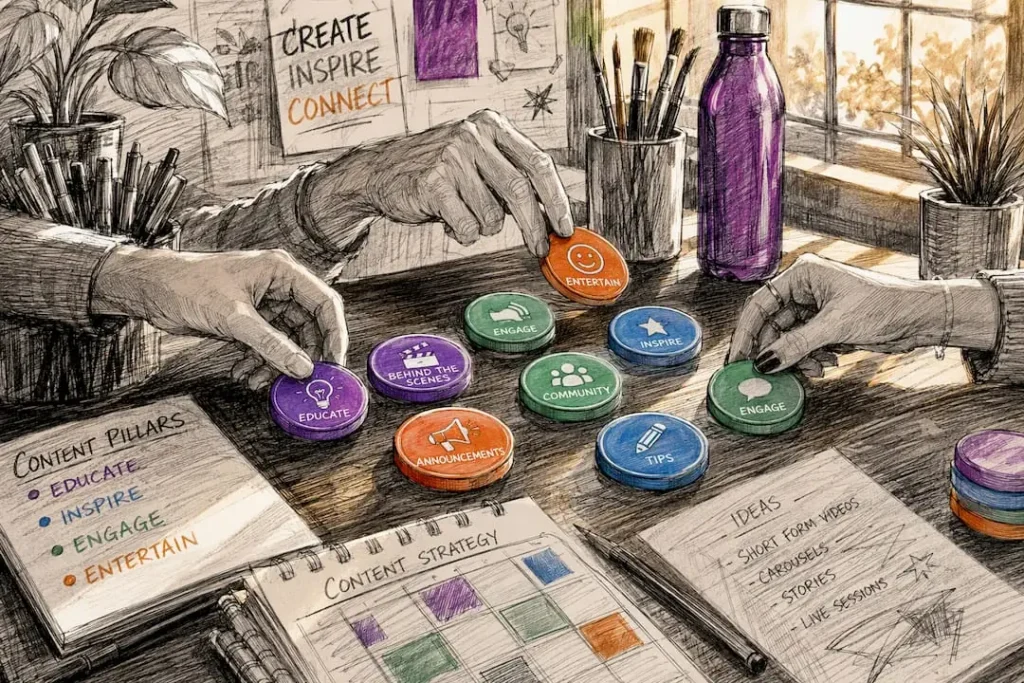 Hands arranging colorful tokens representing content pillars