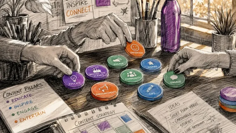 Hands arranging colorful tokens representing content pillars