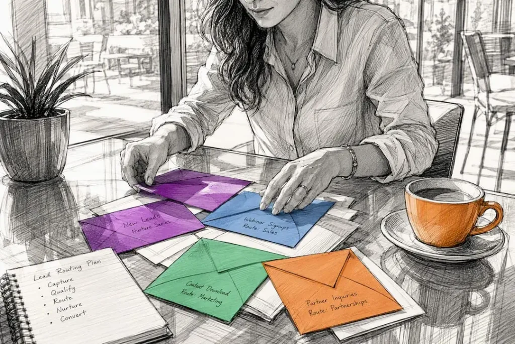 Hands sorting envelopes on desk