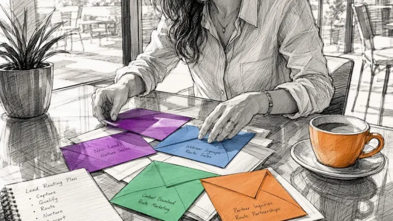 Hands sorting envelopes on desk