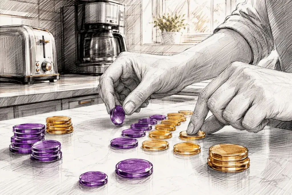 Hands allocating budget tokens on desk