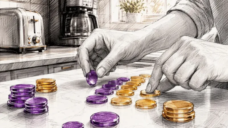 Hands allocating budget tokens on desk