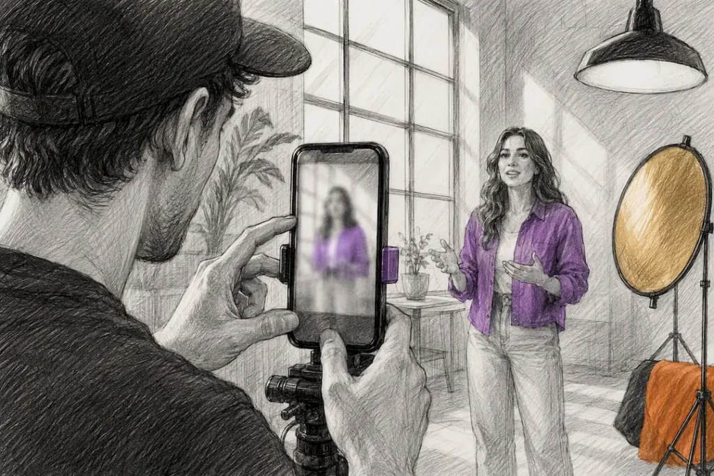 Producer recording vertical social video
