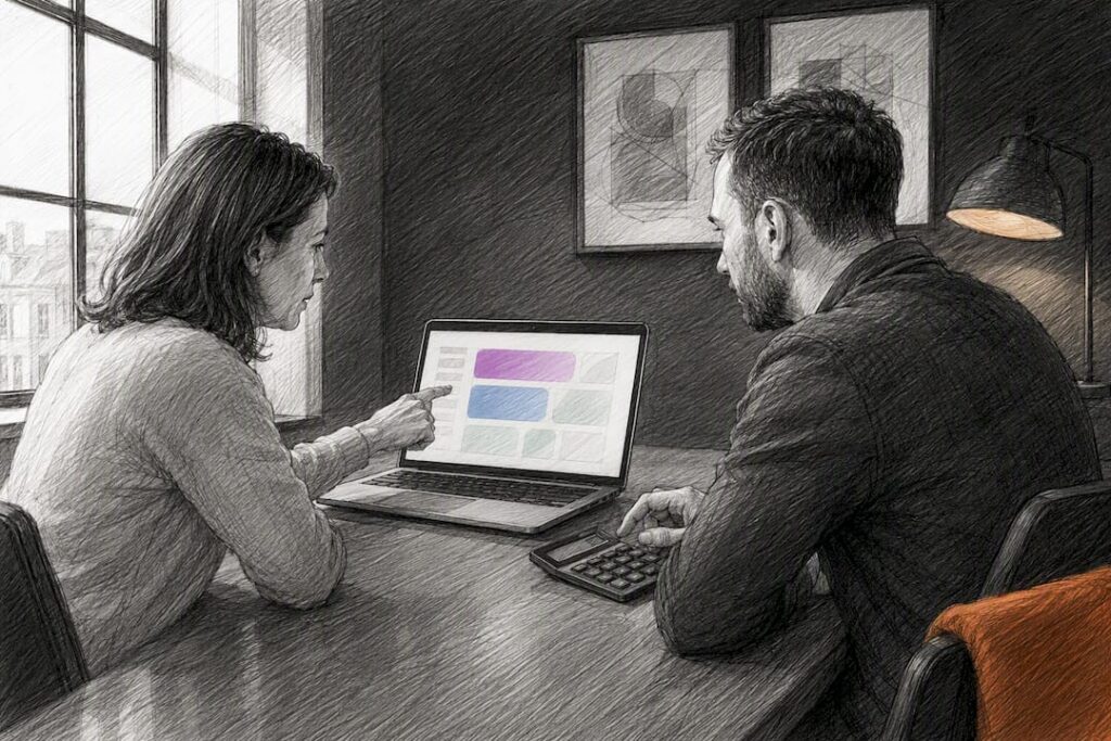 Business owner and designer reviewing website quote