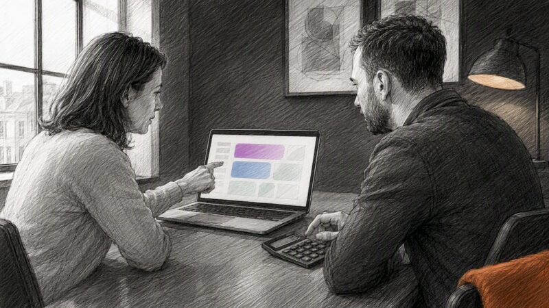 Business owner and designer reviewing website quote