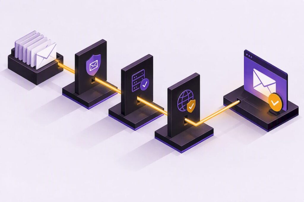 Isometric email authentication rollout illustration