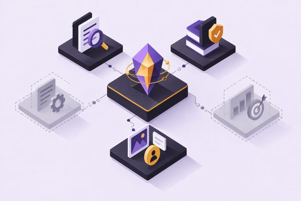 Isometric E-E-A-T workstreams title card