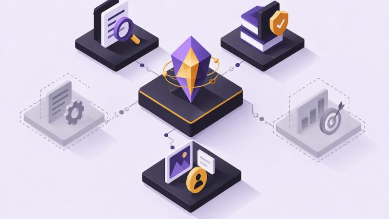 Isometric E-E-A-T workstreams title card