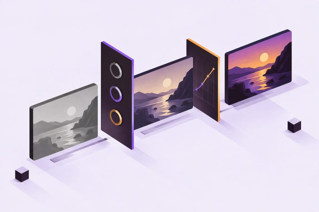 Isometric colour grading workflow title card