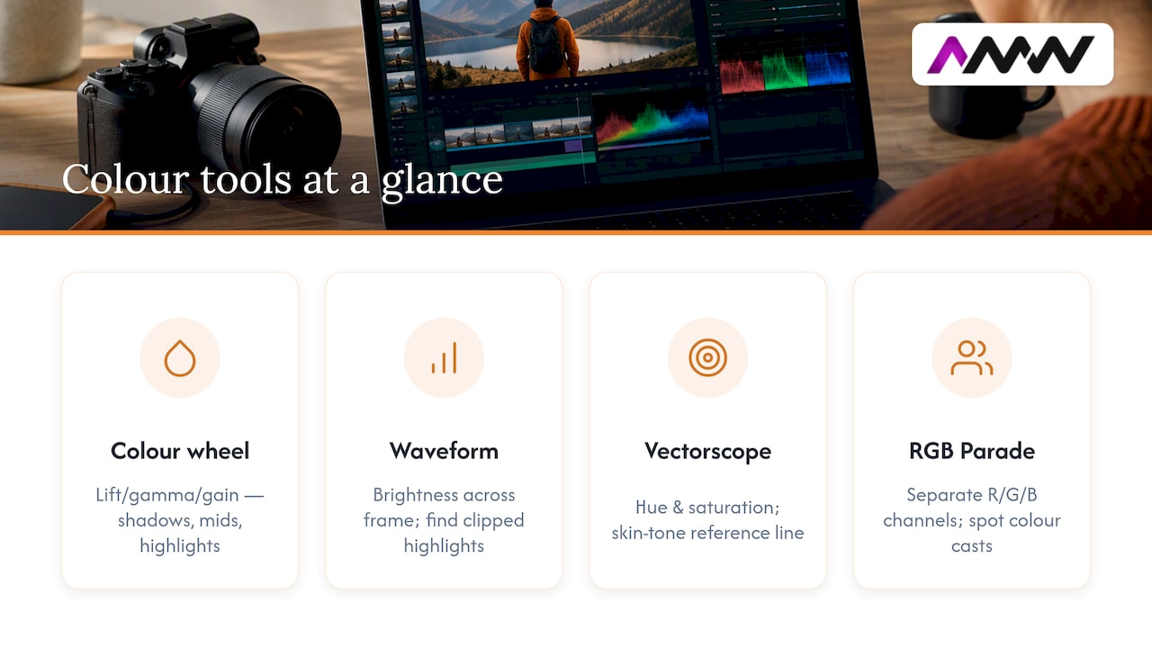 Foundational concepts: colour wheels, scopes, hue, saturation, luminance and skin tones — overview diagram